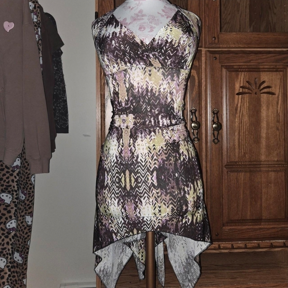 Suzy Shier Vintage Asymmetrical Dress in Brown and Yellow